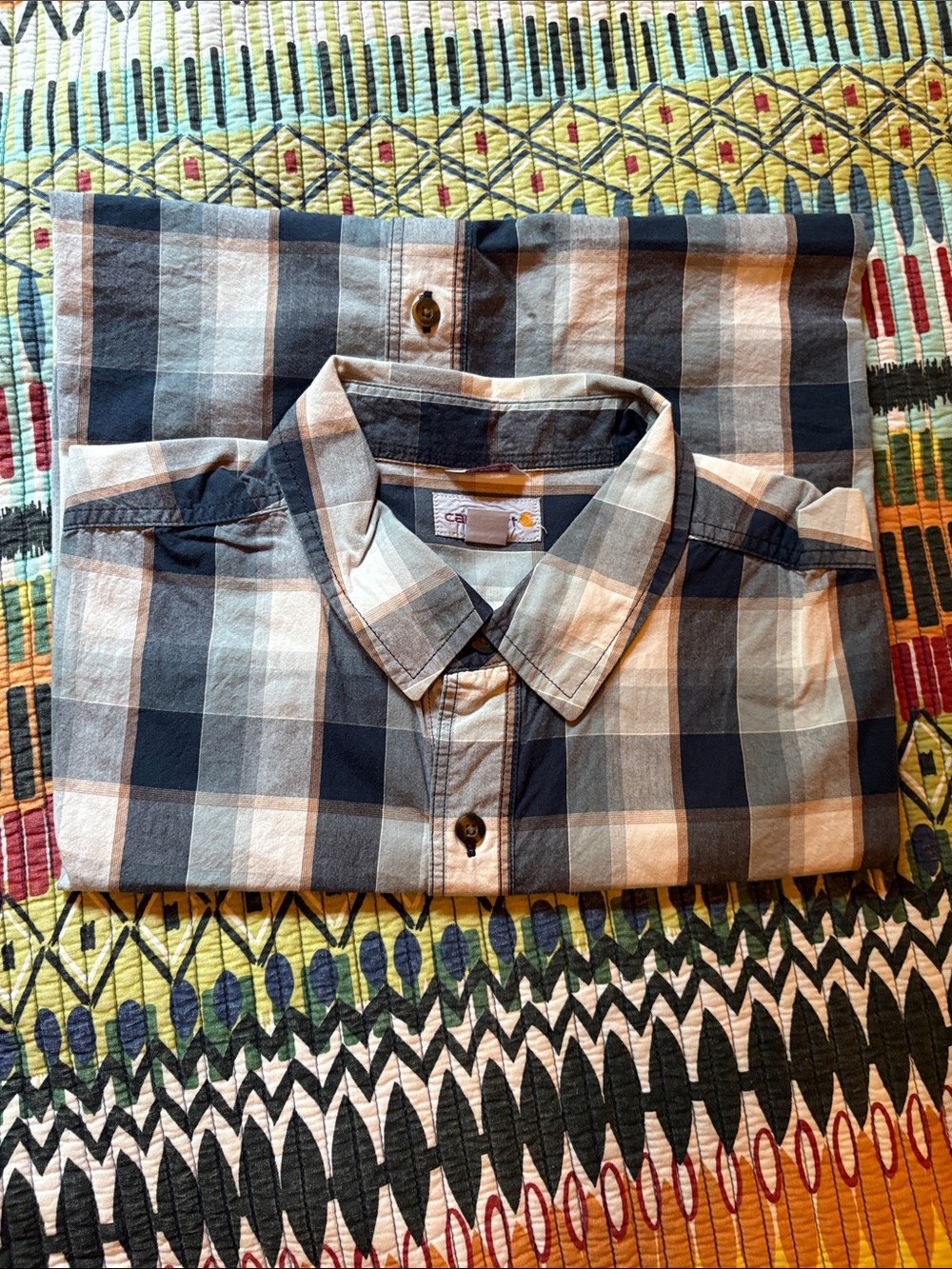 Carhartt Navy, White and Tan Plaid Button-Down Shirt